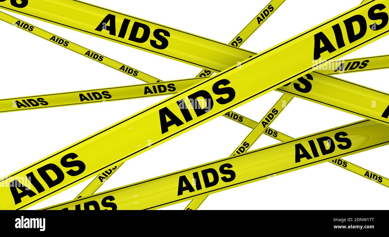 HILFSMITTEL. Gelbe Warnbänder mit schwarzen Worten AIDS (erworbenes Immunschwächesyndrom). Isoliert. 3D-Illustration Stockfoto