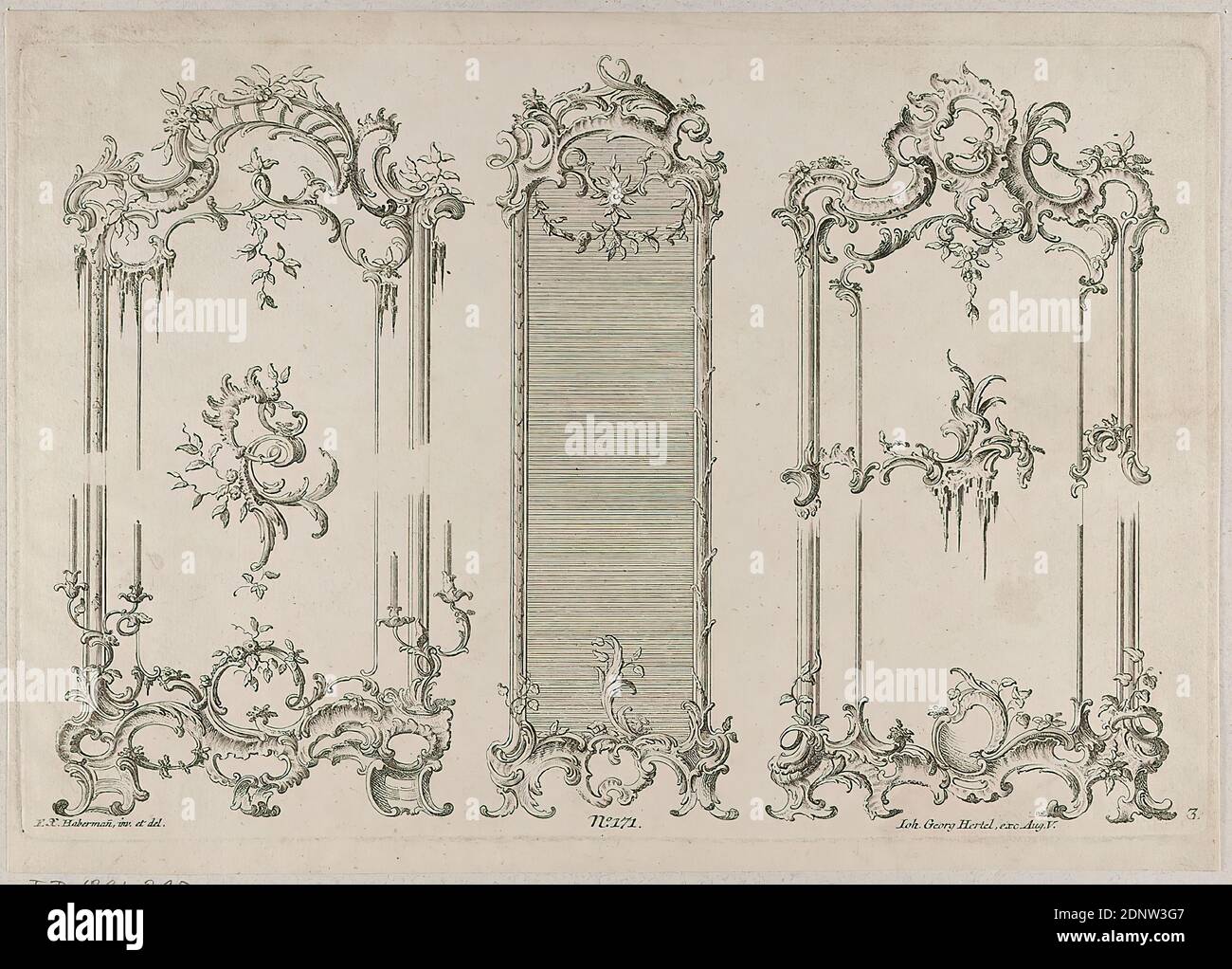 Johann Georg Hertel, Franz Xaver Habermann, drei Spiegelrahmen, Radierung, Blattgröße: Höhe: 20,8 cm; Breite: 29,3 cm, signiert und nummeriert auf der Platte: F. X. Haberman, Inv. Et del, Nr. 171, Ioh. George Hertel, außer Aug. V, 3, Drucke, Drucksachen, Rocaille, Spiegel, Kunsthandwerk, dekorative Kunst, Industriedesign, Rokoko, Blatt 3 aus einer Serie von Spiegelrahmen. Herausgebernummer: 171 Stockfoto