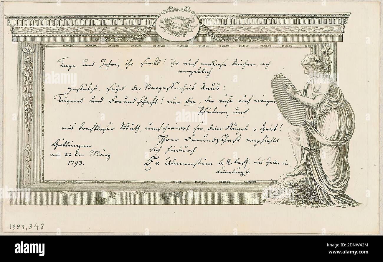 Wiederhold, Blatt aus einer Serie von Kartuschen, Rahmen und Landschaften für Familienbücher, Papier, Radierung, Bogenformat: Höhe: 11,00 cm; Breite: 18,00 cm, signiert: Auf der Platte: Götting. b. Weiderhold [sic!], beschriftet: Handschriftlich in Tusche Widmungstext vom 22. März 1793, Drucke, Drucksachen, Frau, Medaillon (Ornament), Girlanden, Blumenfaden, Ornament Stockfoto