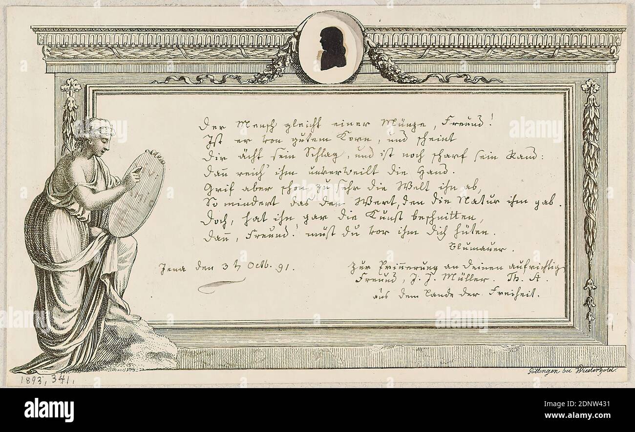 Wiederhold, Blatt aus einer Serie von Kartuschen, Rahmen und Landschaften für Familienalben, Papier, Radierung, Bogenformat (Bogenschnitt): Höhe: 11.00 cm; Breite: 17.80 cm, signiert: In Platte: Göttingen bei Wiederhold, beschriftet: Handschriftlich in Tuschewidmung vom Oktober 31 [17]91, Drucke, Drucksachen, Frau, Armpositionen, Gesten, Lesen, Ornamente, Medaillon, Ornament Stockfoto