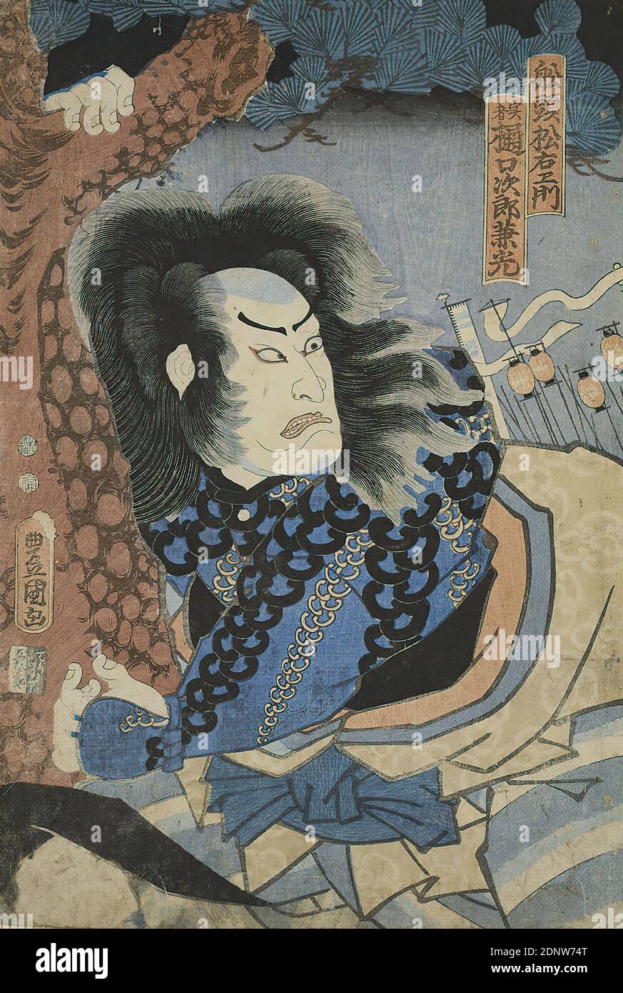 Utagawa Kunisada, der Schauspieler Nakamura Utaemon IV als Bootsmann Matsuemon, in Wirklichkeit Higuchi no Jirō Kanemitsu, Farbholzschnitt, Gesamt: Höhe: 34,80 cm; Breite: 23,80 cm, Signatur: Toyokuni ga 豊国画, Verlag: Ebisuya Shōshichi (Kinshōdō), Zensurstempel, Drucke, Drucksachen, Schauspieler, Schauspielerin, Edo-Periode Stockfoto