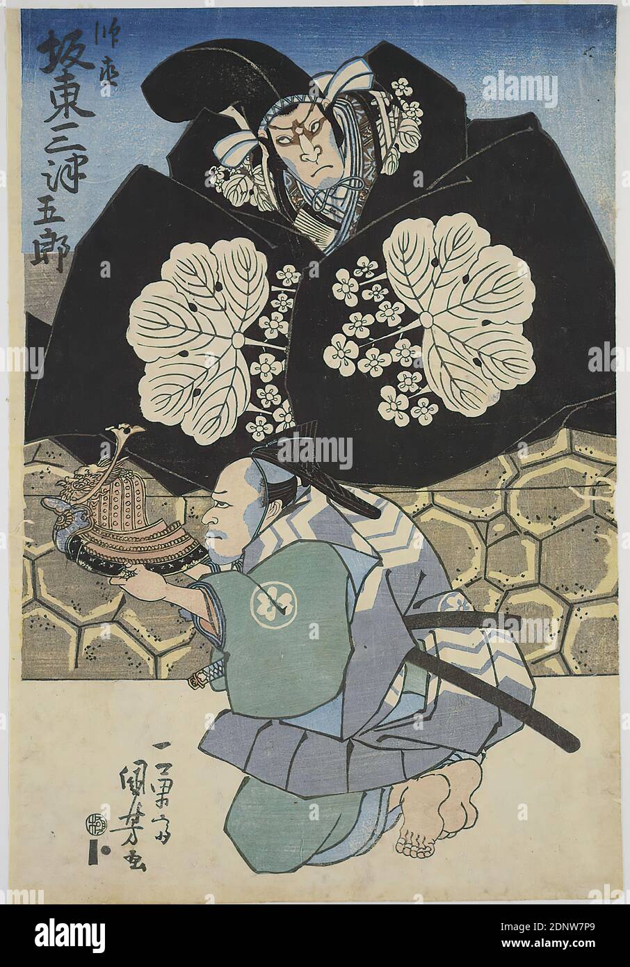 Utagawa Kuniyoshi, Schauspielerportrait Bandō Mitsugorō as Moronao, Farbholzschnitt, Gesamt: Höhe: 36,50 cm; Breite: 25,00 cm, Firmenabdruck: Unterschrift: Ichiyūsai Kuniyoshi ga一勇斎国芳画, Verlag: Yamaguchiya Tōbei (Kinkōdō), Zensurstempel, Drucke, Drucksachen, Schauspieler, Schauspielerin, Edo-Periode Stockfoto