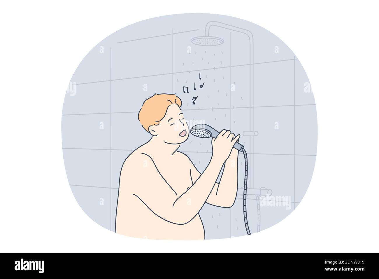 Musik hören, singen, Freizeitkonzept. Lächelnder Mann, der die Dusche als  Mikrofon benutzte und im Badezimmer sang. Musikliebhaber, Melodie, Lied,  Hobby Stock-Vektorgrafik - Alamy