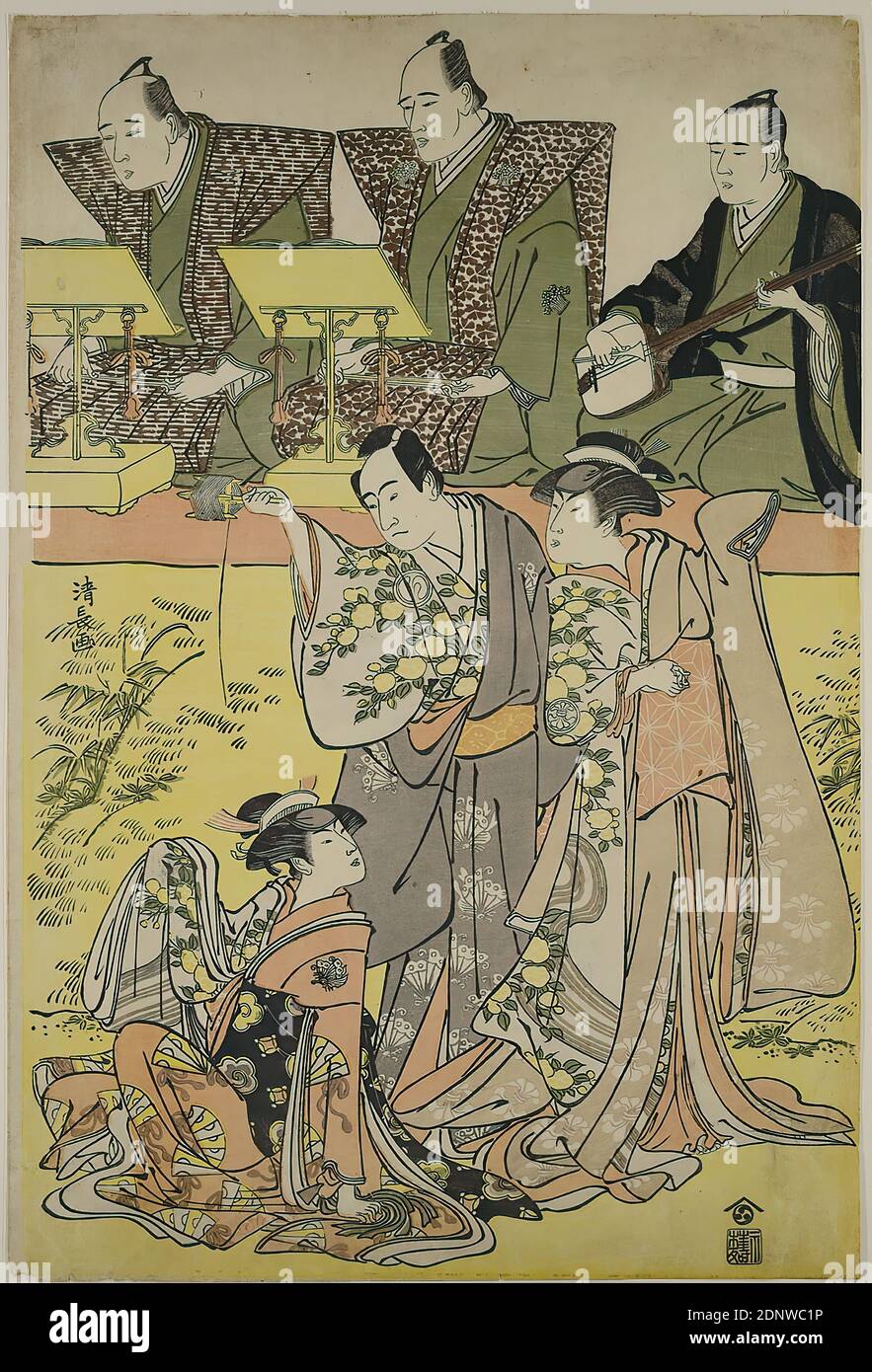 Torii Kiyonaga, Szene aus dem Tanzspiel: Yanagi no ito koi no odamaki, Farbholzschnitt, Gesamt: Höhe: 28,00 cm; Breite: 26,00 cm, signiert: Unterschrift: Kiyonaga ga 清長画, Verlag: Nishimuraya Yohachi (Eijudō), Druckgrafik, Schauspieler, Schauspielerin, Edo-Zeit Stockfoto