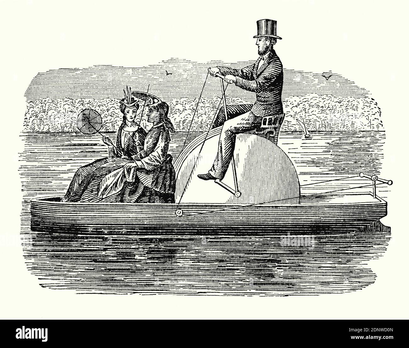 Eine alte Gravur eines Mannes, der eine ‘Wasser velocipede’, ein Tretboot/Fahrrad, in den 1800er Jahren fährt. Es ist aus einem viktorianischen Maschinenbaubuch der 1880er Jahre. Der Mann sitzt auf einem Gehäuse mit einem Schaufelrad, das er über die Fußpedale fährt. Die Steuerung erfolgt über die Lenkstange, die das Ruder mit Seilen und Riemenscheiben bedient. Er hat zwei gut gekleidete weibliche Passagiere an Bord. Viele Fahrradtypen wurden während der viktorianischen Zeit erfunden – von dem wirklich nützlichen bis zum fantasievollen und amüsanten Design variierend. Stockfoto