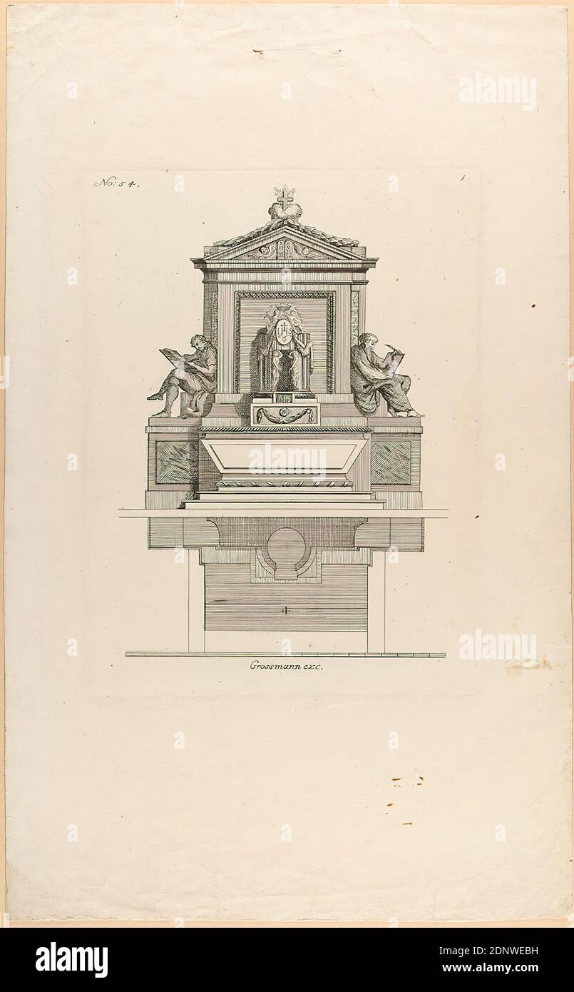 Karl August Grossmann, Blatt 1 aus einer Serie von Grabsteinen, Papier, Kupferstich, Bogenformat: Höhe: 41.10 cm; Breite: 25.30 cm, beschriftet: Auf dem Teller: Grossmann exc, Nr.: 54, 1, Drucke, Drucksachen, Grabdenkmal Stockfoto