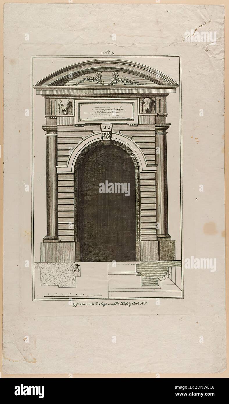 Franz Carl Heissig, Plan und Höhe eines Portals, Blatt 3 aus einer Reihe von Portalen und Friesen, Papier, Radierung, Bogenmaß: Höhe: 40,20 cm; Breite: 24,20 cm, Inschrift: Auf der Platte: Graviert und herausgegeben von Frau Heissig Cath. A.V, Nr. 3, Drucke, Drucksachen, Architekturdarstellungen, Portal/edicula, Tiere als Ornament Stockfoto