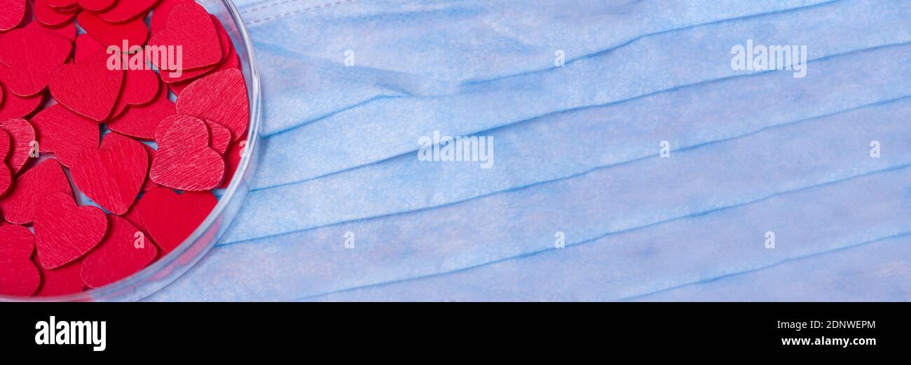 Herz in einer Petrischale auf einem rosa Hintergrund. Das Konzept von Liebe und Glück am Valentinstag. Stockfoto