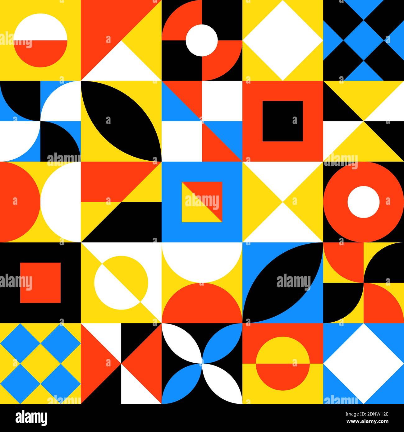 Abstrakter geometrischer Hintergrund mit Quadraten, Halbkreisen, Dreiecken. Modernes Nahtloses Muster in trendigen leuchtenden Farben Stock Vektor