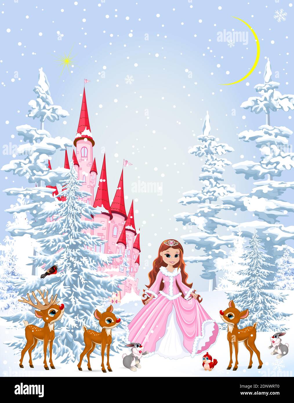 Kleine Prinzessin in einem rosa Kleid im Winterwald. Prinzessin mit Tieren auf dem Hintergrund einer Burg und einem verschneiten Wald. Winter verschneite Nacht. Stock Vektor