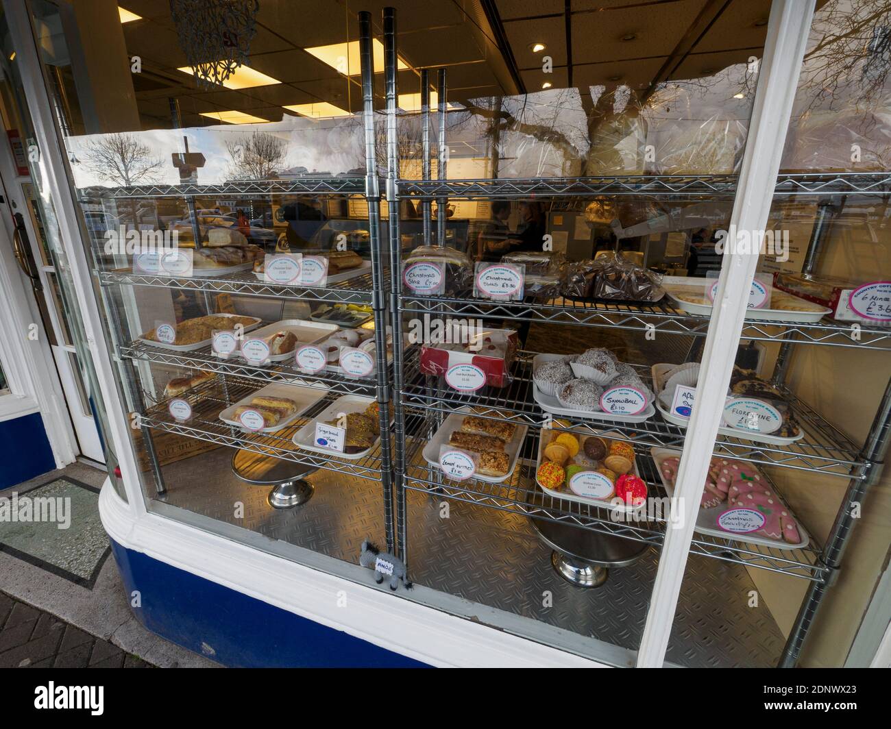 Kuchen im Fenster einer Bäckerei, Bideford, North Devon, Großbritannien Stockfoto