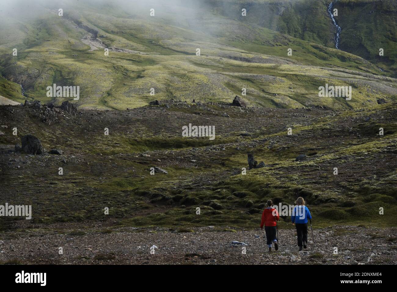 Zwei Frauen wandern in Island.die wunderbare Wanderung führt Sie zum Strand und zu den Klippen in der Nähe von Breidavik, Ostisland. Stockfoto