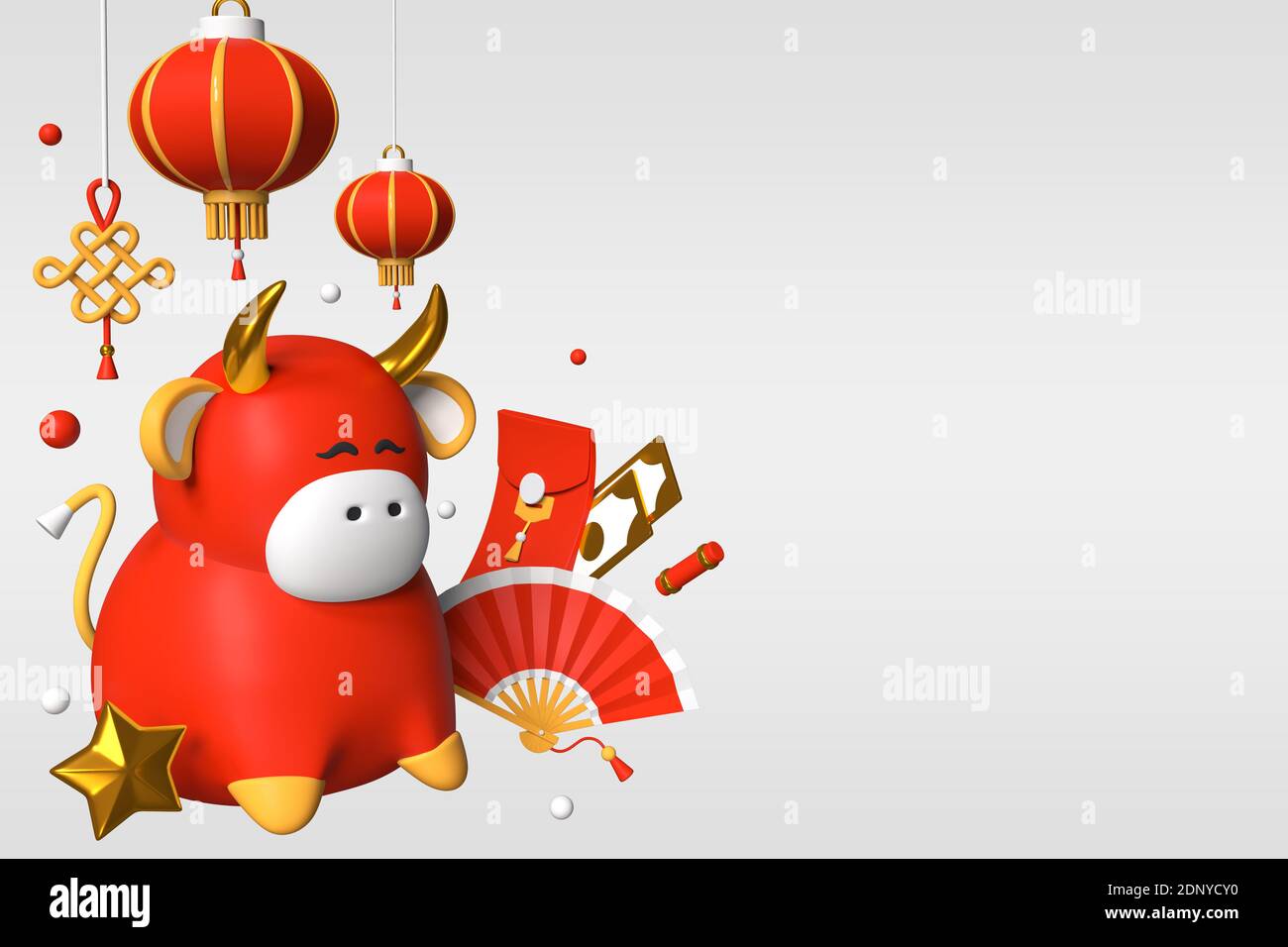 Frohes neues Jahr 2021 - Moderne bunte 3d-Poster-Vorlage mit Platz für Text. Grußkarte mit chinesischen Feiertag Symbole, Traditionen Idee. Illustration Stockfoto