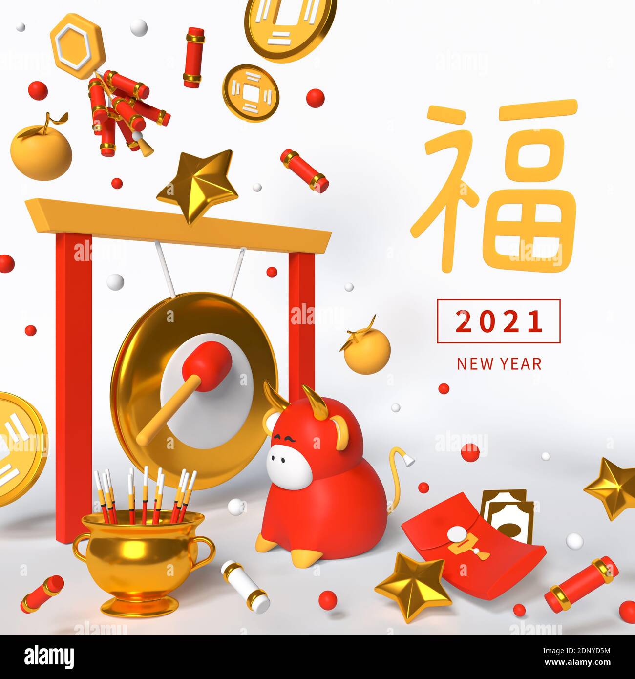 Frohes neues Jahr 2021 - modernes buntes 3d-Poster. Grußkarte mit chinesischen Feiertag Symbole, Kultur, Traditionen Idee. Feuerwerkskörper, Ochse, feng Shui Coi Stockfoto