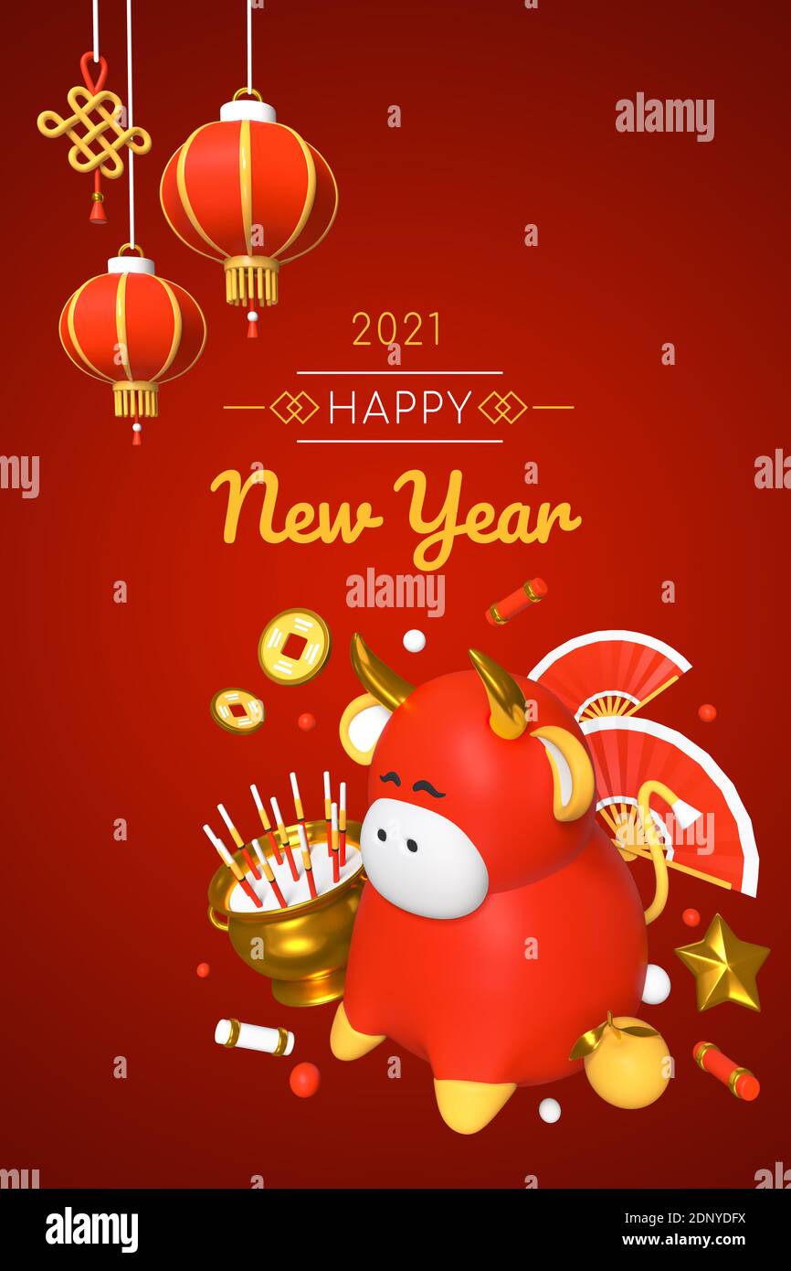 Frohes neues Jahr 2021 - modernes buntes 3d-Poster. Grußkarte mit chinesischen Feiertag Symbole, Traditionen Idee. Abbildung mit Ochsen, Knallkörpern, Knoten Stockfoto