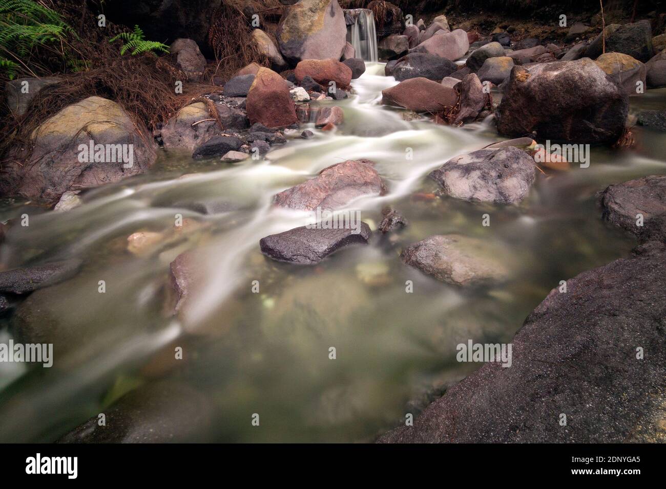 Kalipait ist ein schwefelhaltiger Fluss aus dem Kratersee Ijen. Stockfoto