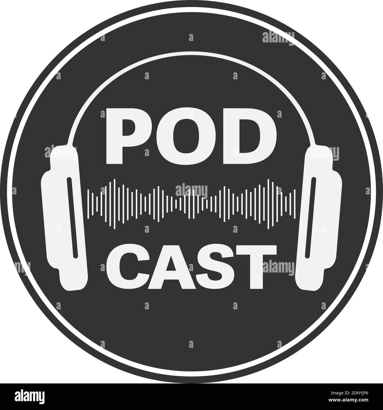 Rundes PODCAST-Logo oder -Symbol mit isolierten Stereokopfhörern Weiße Vektorgrafik Stock Vektor