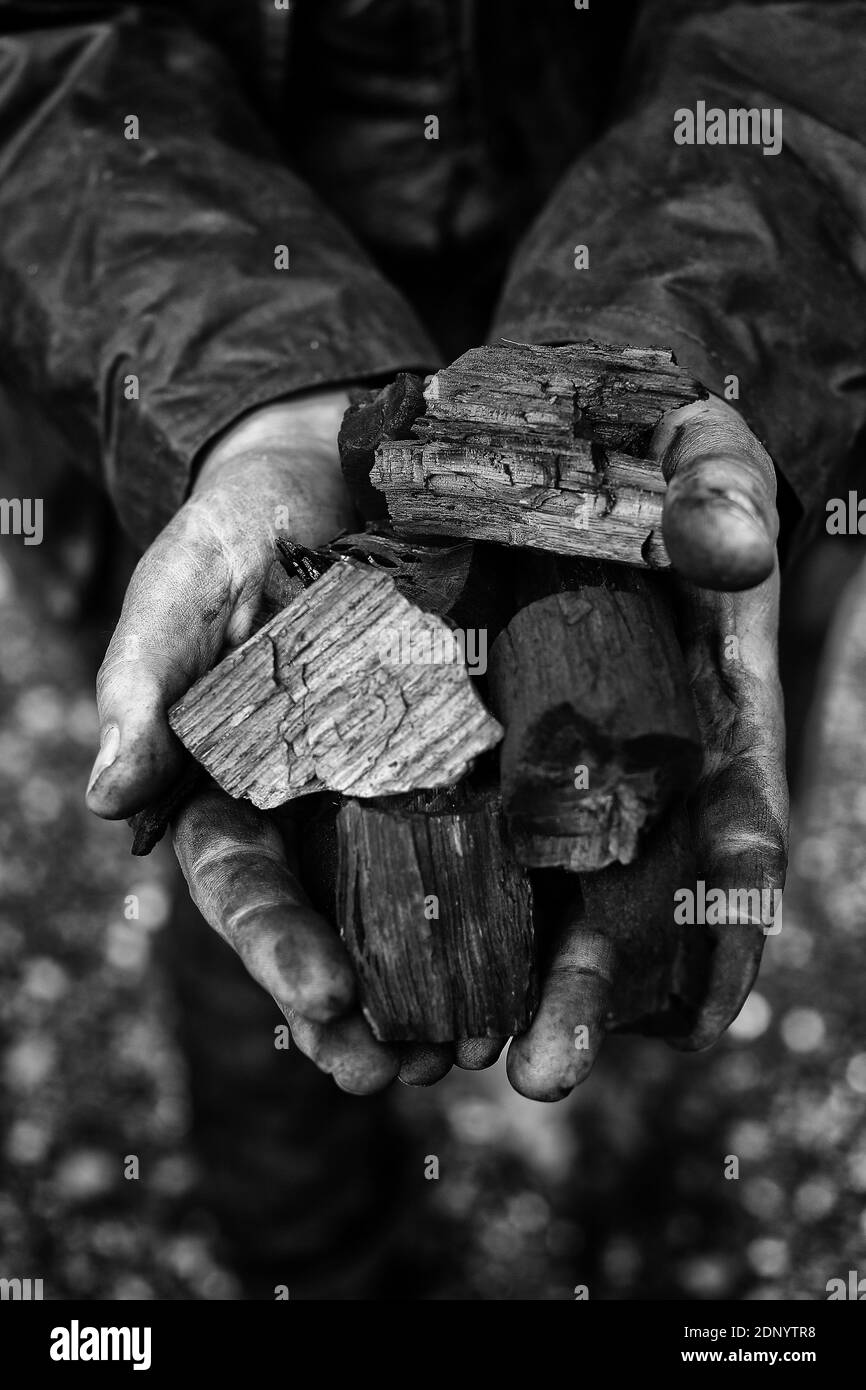 Holzkohlenbrenner durchlaufen einen arbeitsintensiven Prozess, um die Klumpen der Holzkohle zu machen.Merworth Wälder in kent, Großbritannien. Stockfoto