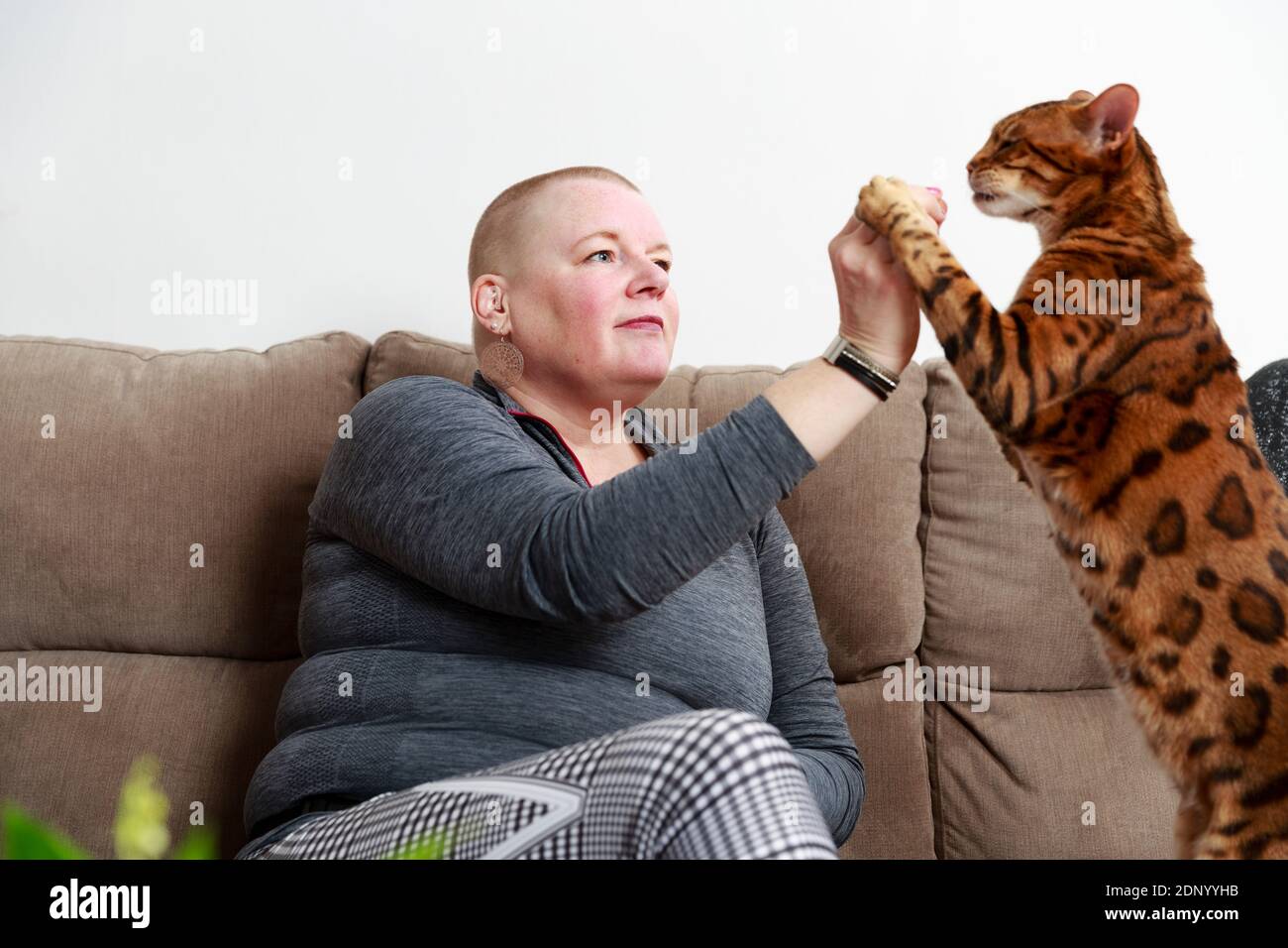 Frau spielt mit Katze auf dem Sofa Stockfoto