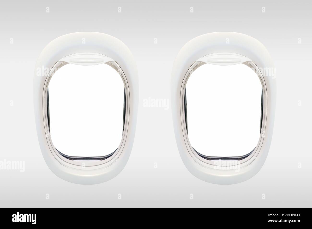 Leere Fenster des Flugzeugs von Innen, Antenne Travel Concept Stockfoto