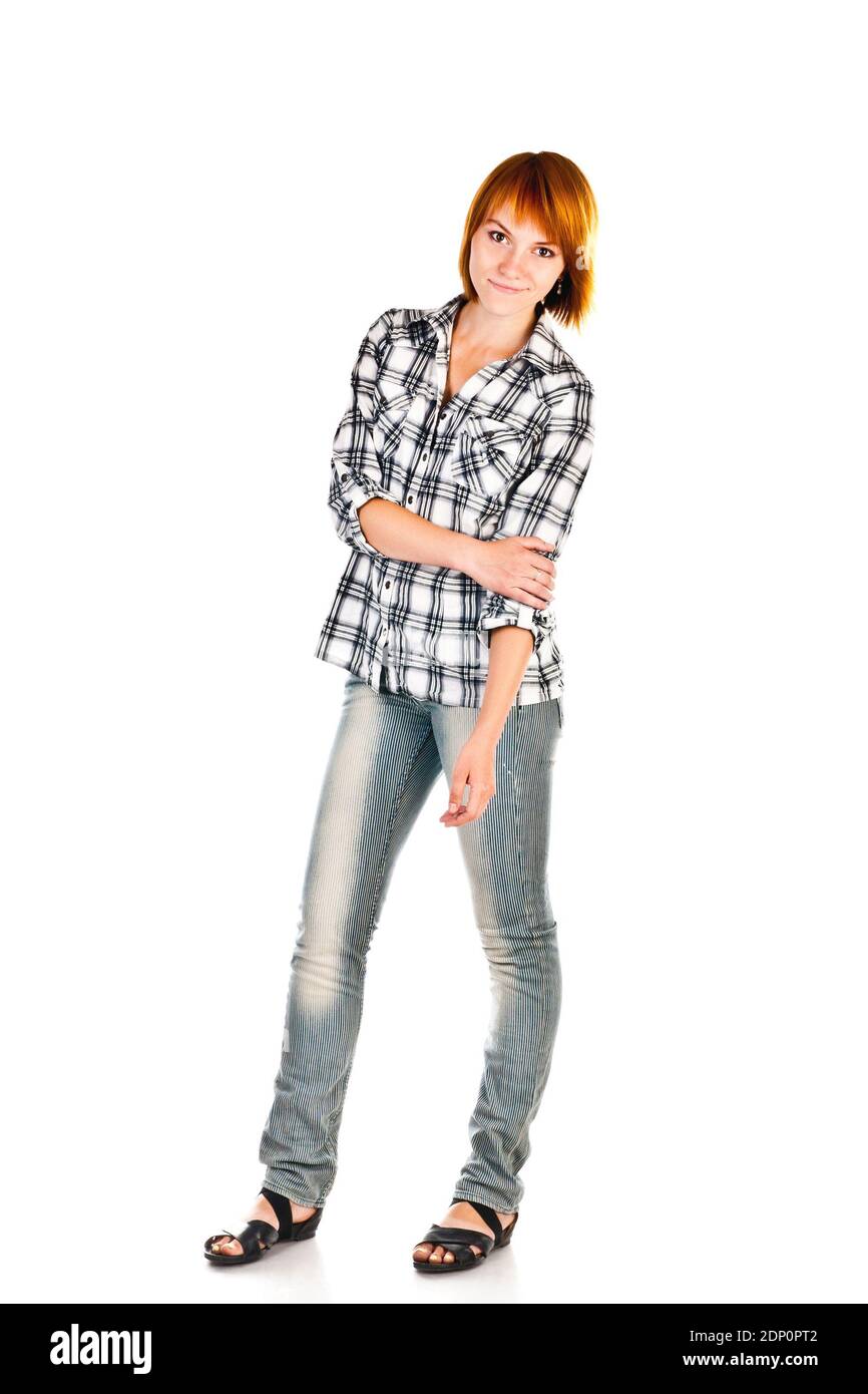 junge Frau auf einem weißen Hintergrund isoliert Stockfoto