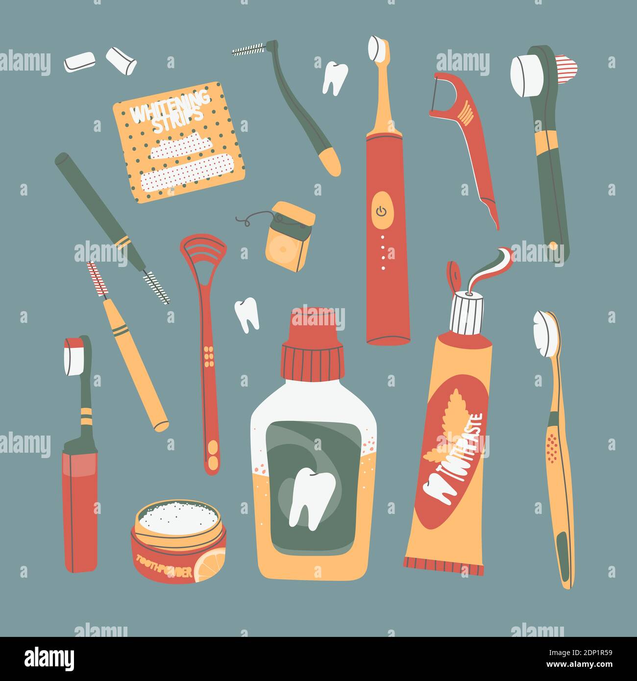 Vektor flache Symbole Mund Reinigungswerkzeuge. Zahnseide, elektrische Zahnbürste, Zungenbürste, Interdentalbürste, Bleaching Strips, Prothesenbürste, Zahnpflug Stock Vektor