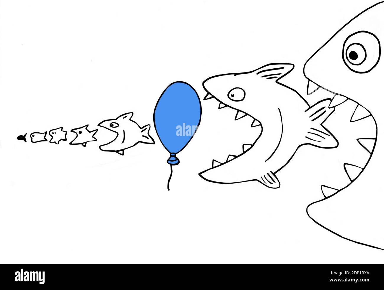 Größere Fische fressen kleinere Fische mit Ballon im Weg Stockfoto