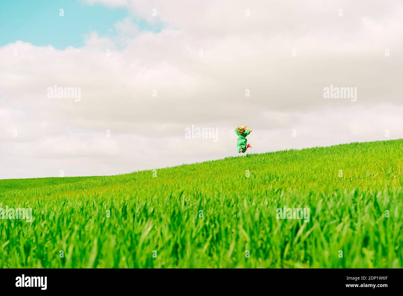 Rückansicht der Frau trägt grünes Kleid auf einem Feld Springen in die Luft Stockfoto