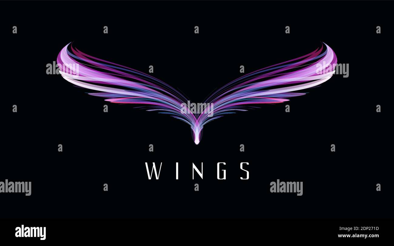 Abstrakte Symmetrie Vogelflügel, leuchtende Neonlichter bilden Phantasie Vogel Form, Puple modernen grafischen Element Stock Vektor