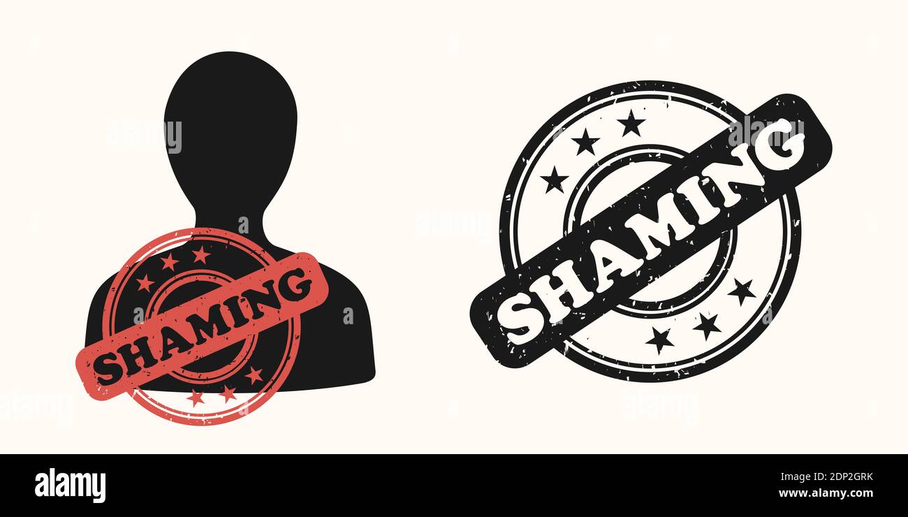Shaming - Person ist mit einem Gummistempel gekennzeichnet. Negative Kennzeichnung als Tribut von Humilation, Aggression und beleidigender Beleidigung. Vektorgrafik. Stockfoto