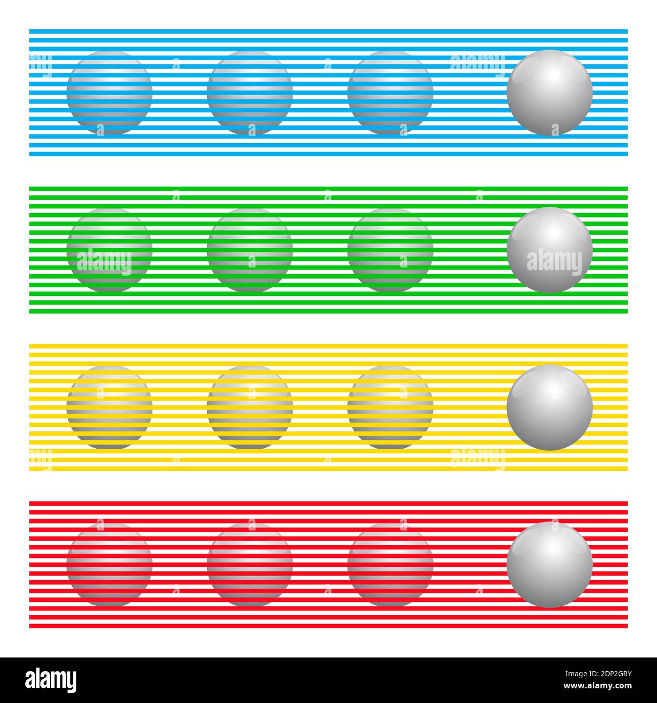 Kugeln mit gleichen Farben hinter farbigen Linien scheinen Kugeln verschiedener Farben zu sein, bekannt als Munker-Weiße Illusion. Stockfoto