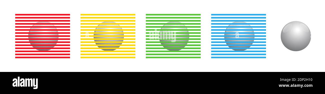 Verschiedene farbige Streifen scheinen die identischen Kugeln zu färben, aber sie sind alle aus dem gleichen Grau. Munker-weiße Illusion. Stockfoto