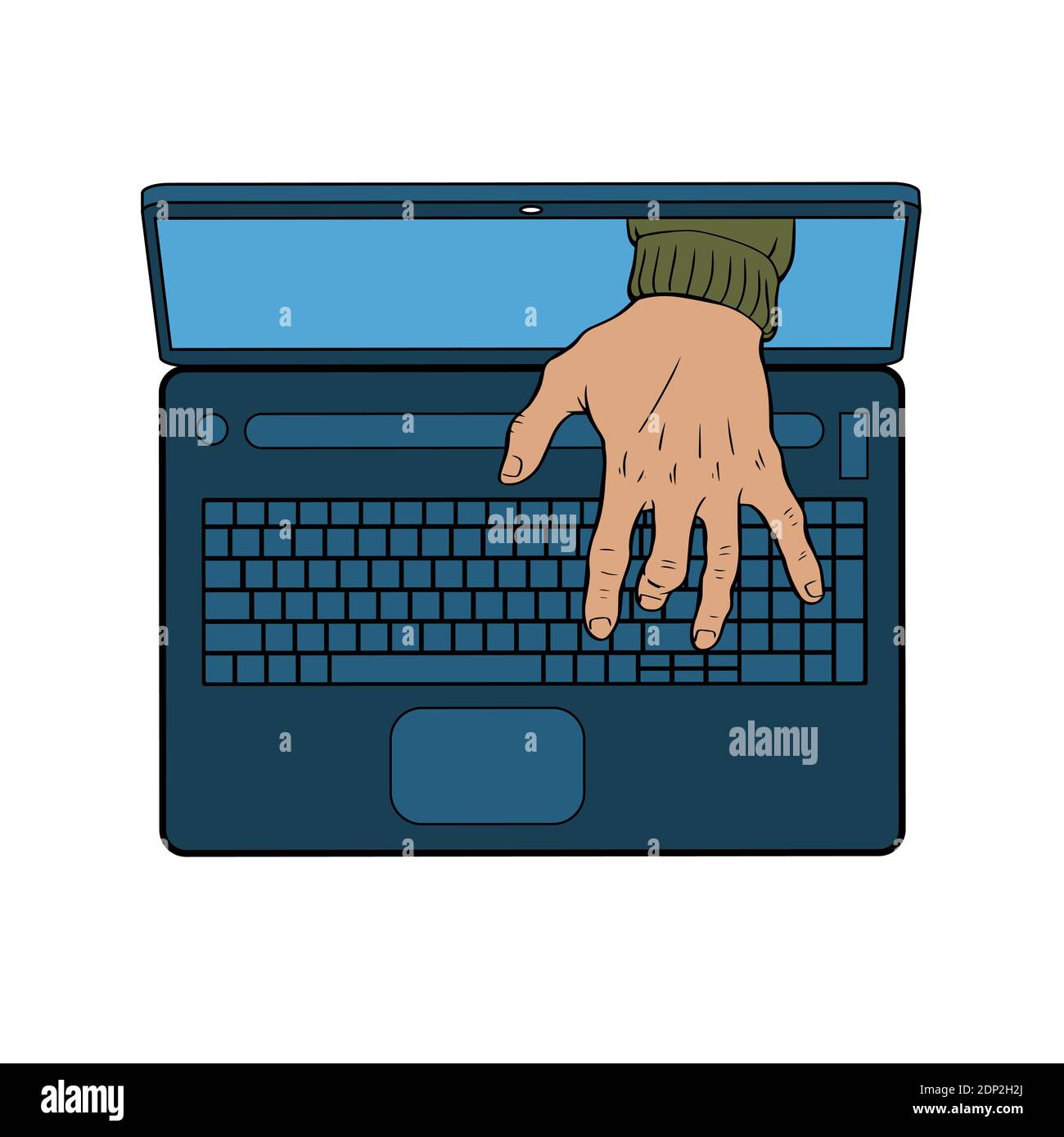Ein Hacker bricht in einen Computer ein. Männliche Handtypen auf der Laptop-Tastatur. Vektor-isolierte Illustration. Stock Vektor