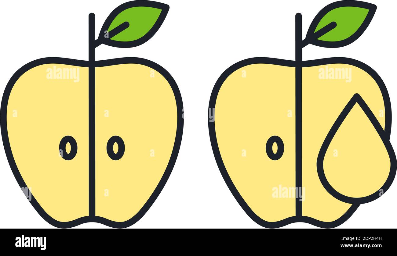 Apfelsaft, halb-Symbol für Apfel. Lineare Farbsymbol, Kontur, Form, Kontur. Dünne Linie. Modernes, minimalistisches Design. Vektor-Illustrationen von Früchten. Stock Vektor