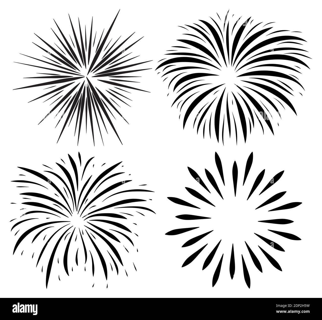 Feuerwerk Burst Silhouette Symbol gesetzt. Urlaub funkeln fallen nach Petard Explosion. Vektor-Sammlung von glücklichen neuen Jahr schwarz Symbol. Festliche Illustrationen Stock Vektor