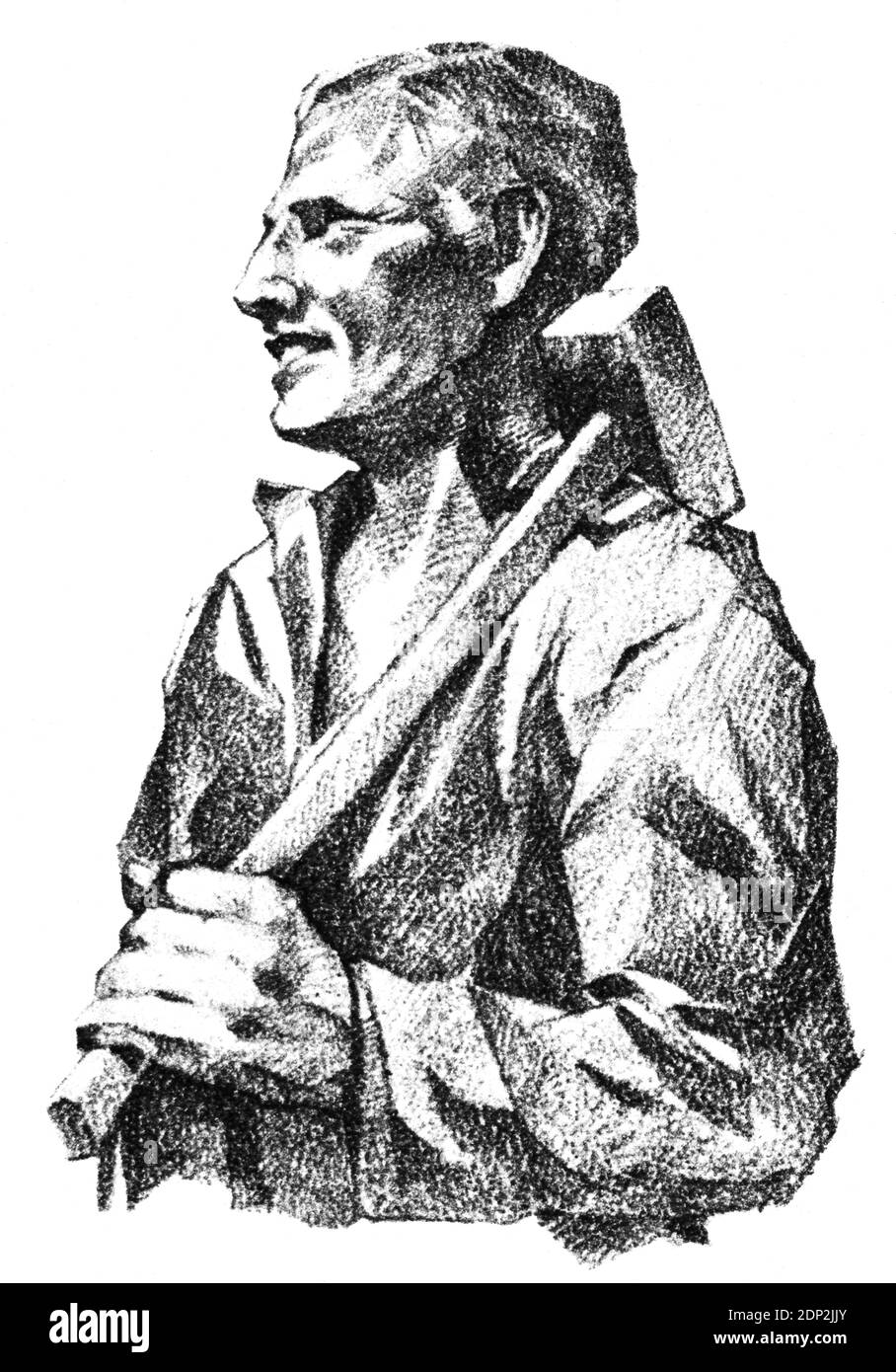 Porträt eines Arbeiters mit einem Vorschlaghammer. Fragment einer Portofeldkarte von 1938. Deutschland. Weißer Hintergrund. Stockfoto