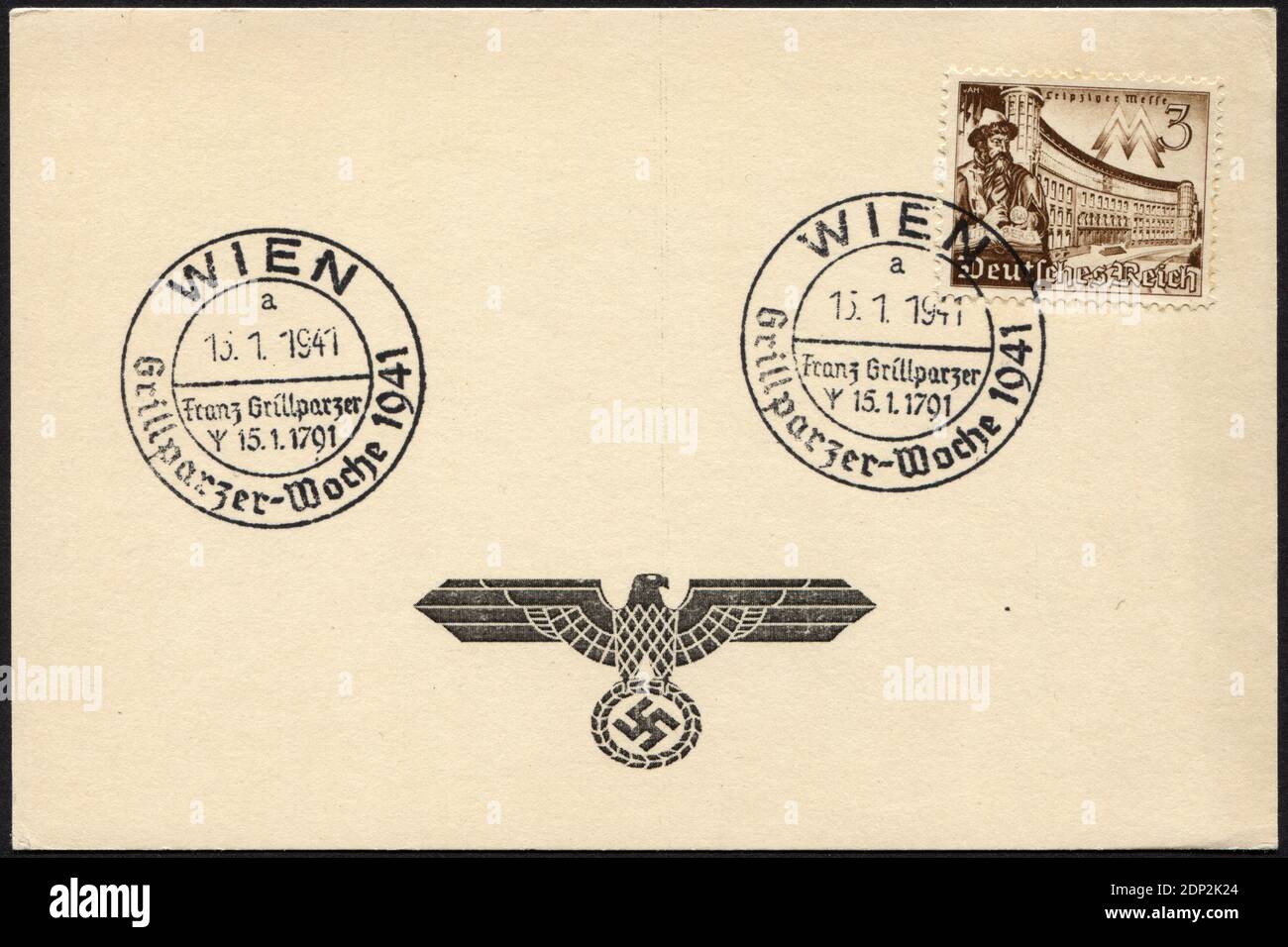 DEUTSCHLAND - UM 1941: Postacard gedruckt in Deutschland, zeigt abgesagte Briefmarken, Nazi-Symbol, um 1941 Stockfoto