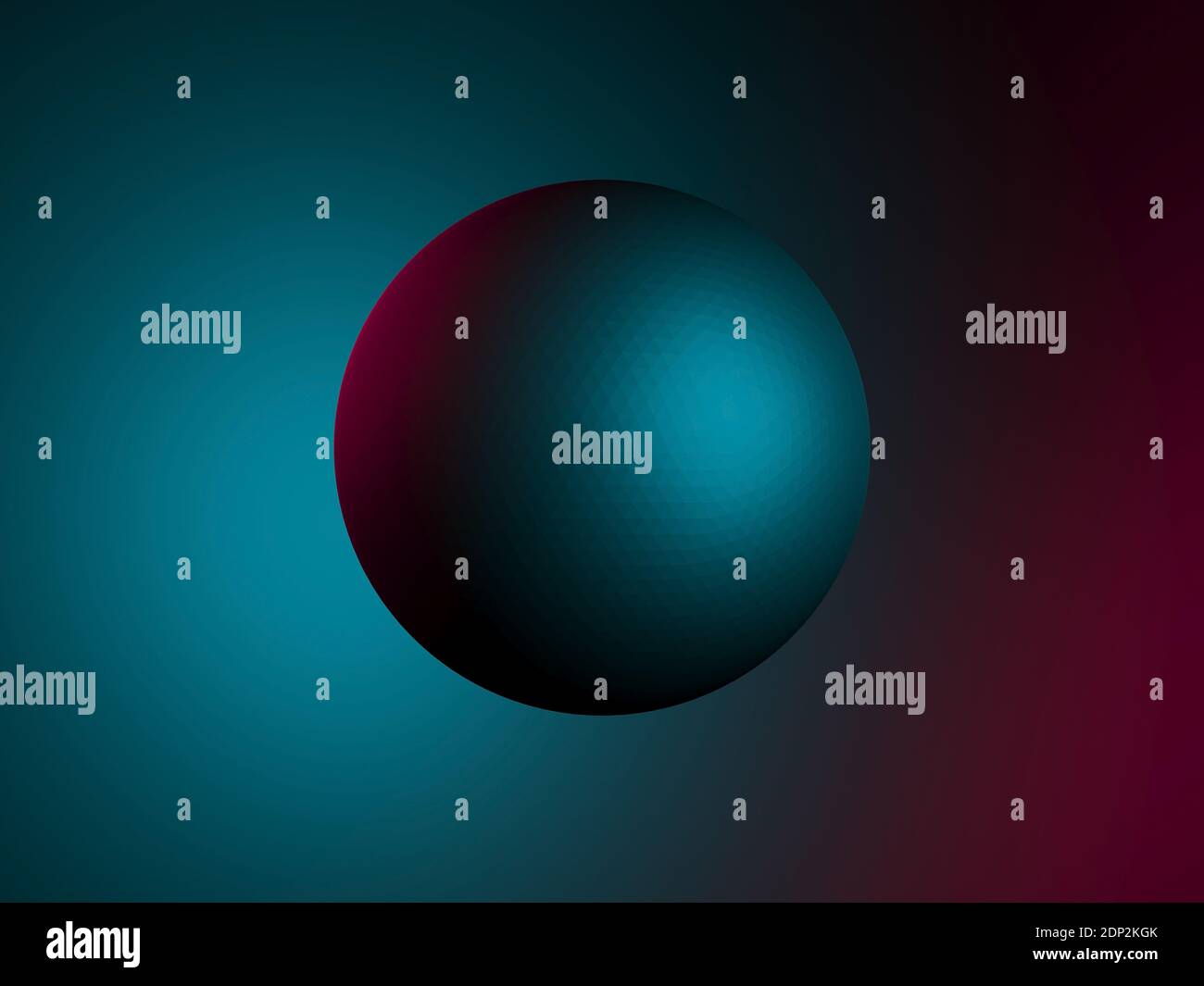 Dreieckige Kugel beleuchtet mit blau roten Lichtern über verschwommenem Hintergrund, 3d Rendering Illustration Stockfoto