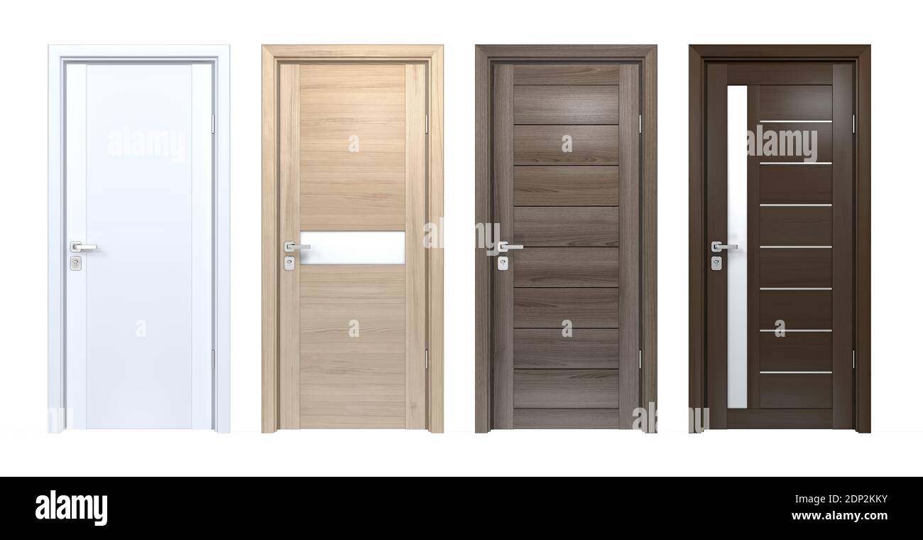 Modernes Design-Set von hochauflösenden Holztextur Haustüren. Frontansicht von Kiefer, Eiche, Wenge Holz 3D Hauseingänge isoliert auf weiß Stockfoto