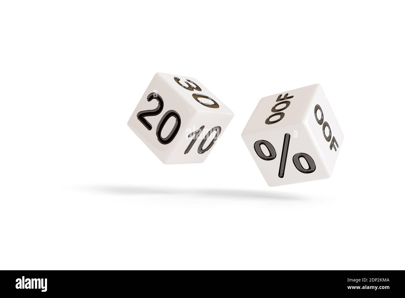 Würfel mit Zahlen und das Prozent Zeichen auf ihren Gesichtern Rollen isoliert auf einem weißen Hintergrund. 3d-Illustration. Stockfoto