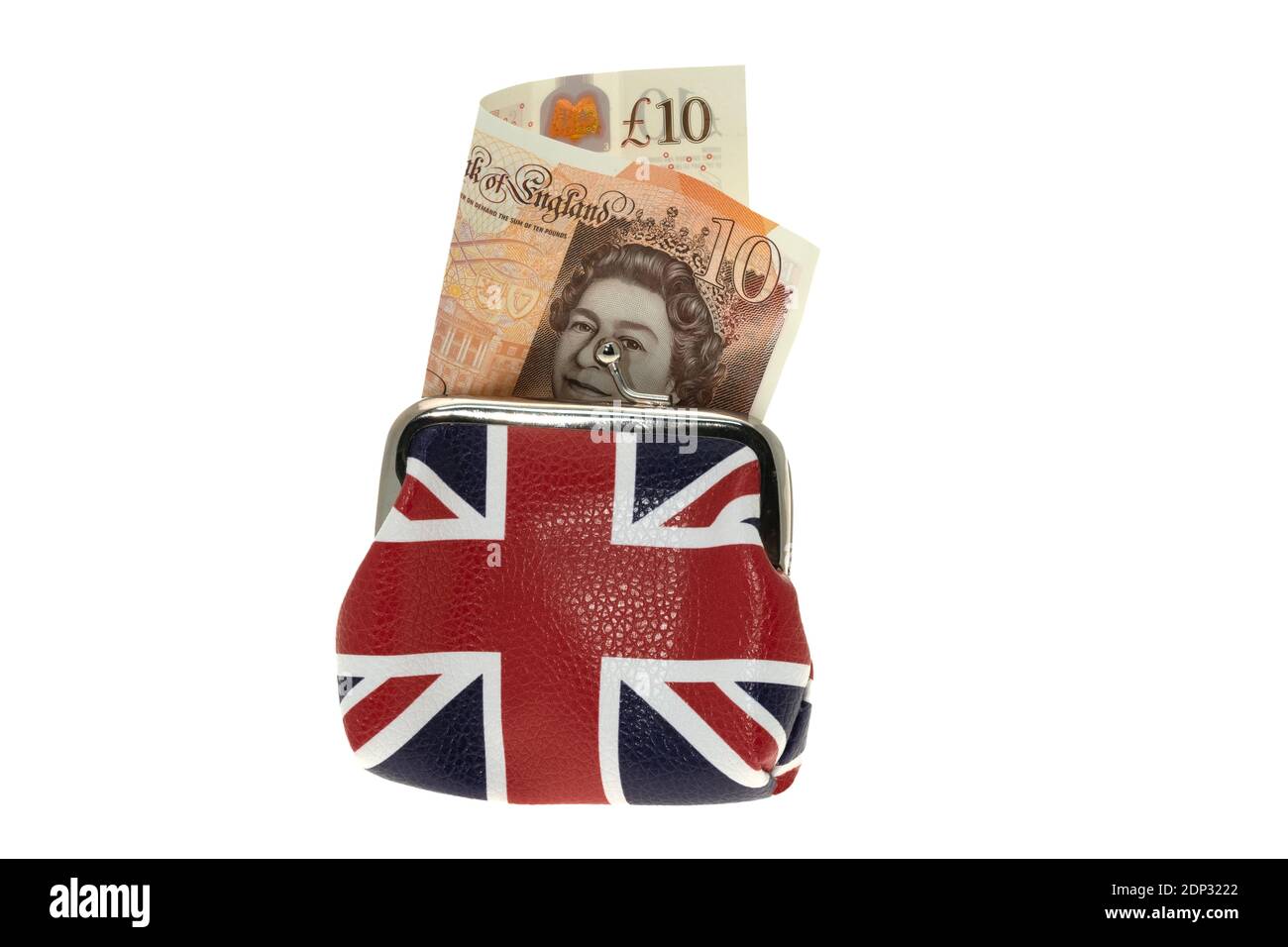 UK Union Jack Flagge gedruckt Geldbörse mit einer zehn Pound Note - weißer Hintergrund Stockfoto