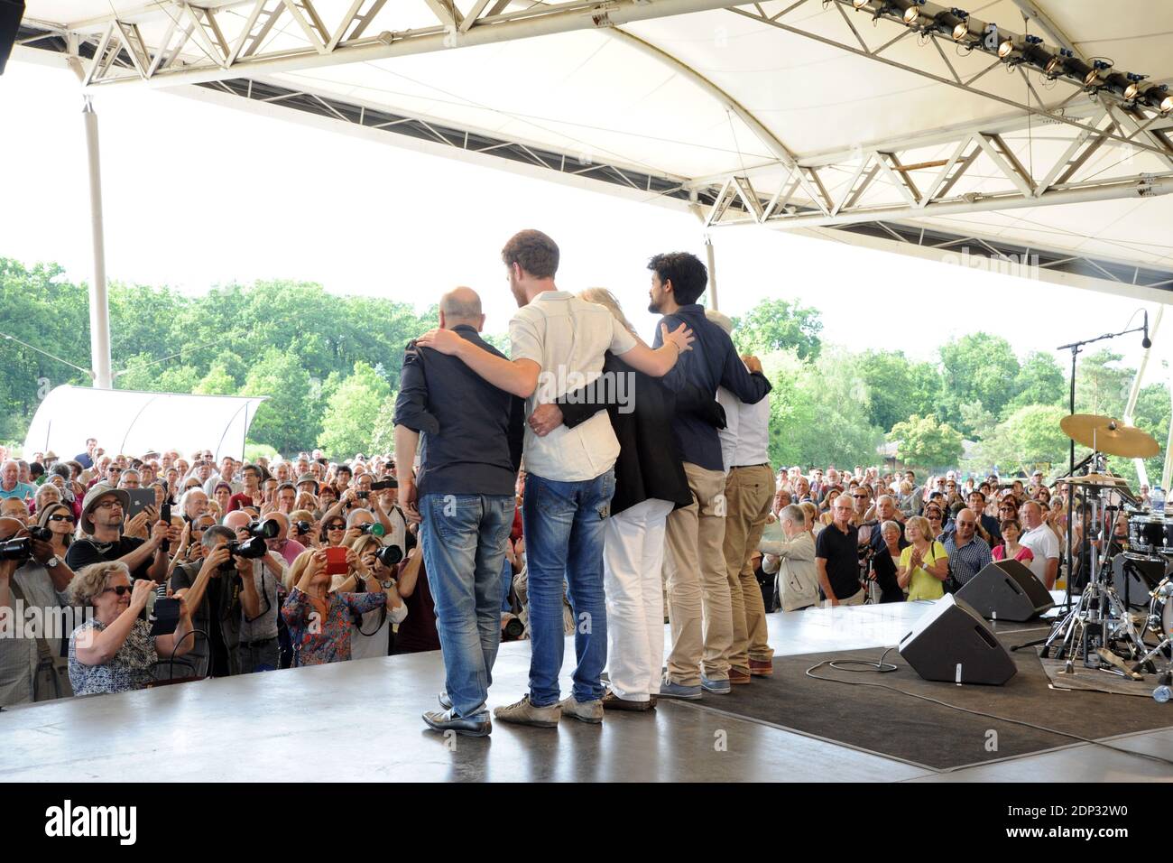 Enrico Morello, Francesco Diodati, Enrico Rava, Gabriele Evangelista und Stefano Di Battista treten während des 21. Paris Jazz Festival 2015 im Parc Floral in Paris auf. Am 14. Juni 2015. Foto von Stephane Morsli/ABACAPRESS.COM Stockfoto
