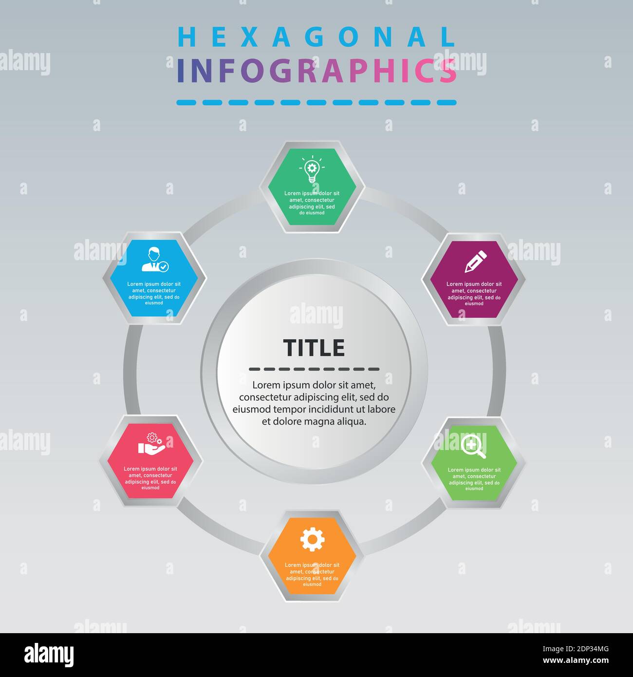 Moderne Infografik mit kreisförmigem Sechseck. Infografik-Präsentation mit modernem Sechskant-Kreis-Design. Stock Vektor