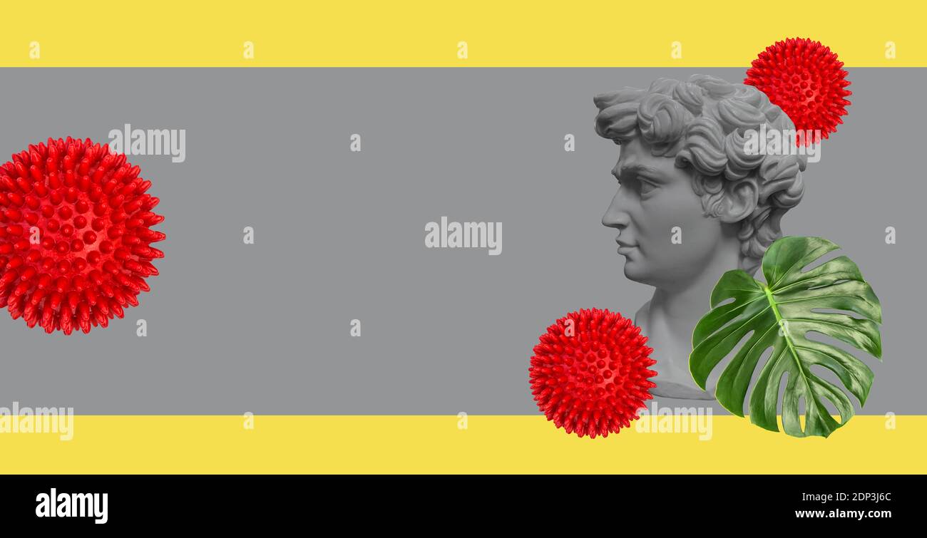 Kreative Collage Statue Kopf Corona Virus. Trendige Farbe gelbgrau Stockfoto