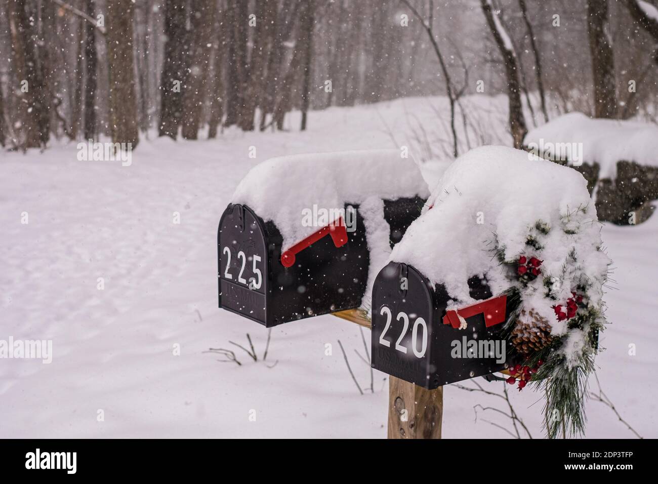Briefkästen mit Schnee nach einem Schneesturm bedeckt Stockfoto