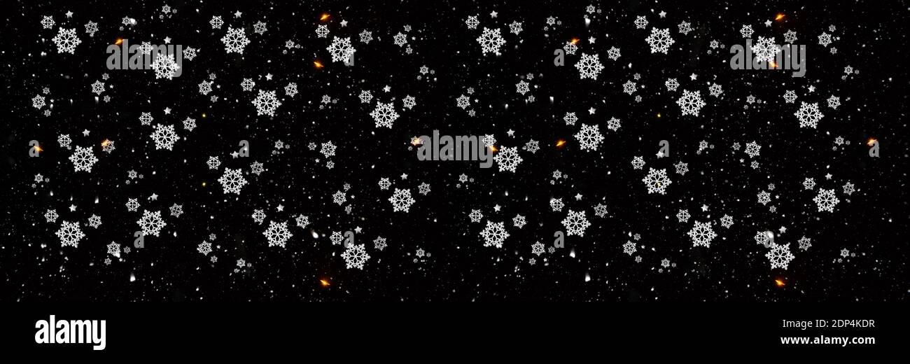 Widescreen schwarzen Hintergrund mit Schnee und Schneeflocke Overlay Stockfoto