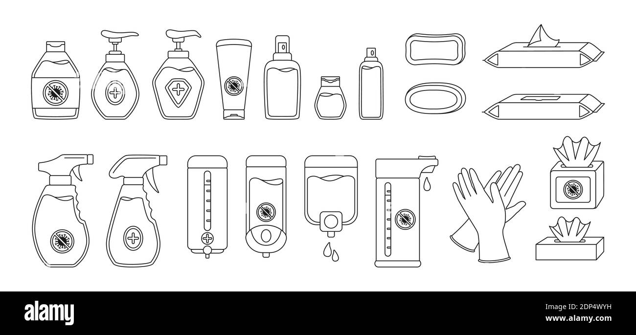 Coronavirus Desinfektion Desinfektionsflasche schwarz umrandet. Infografik Shape Kollektion. Hygiene Cartoon medizinische Waschgel Spray, flüssige Seife Serviette, Gummihandschuh. Isolierte Vektordarstellung Stock Vektor