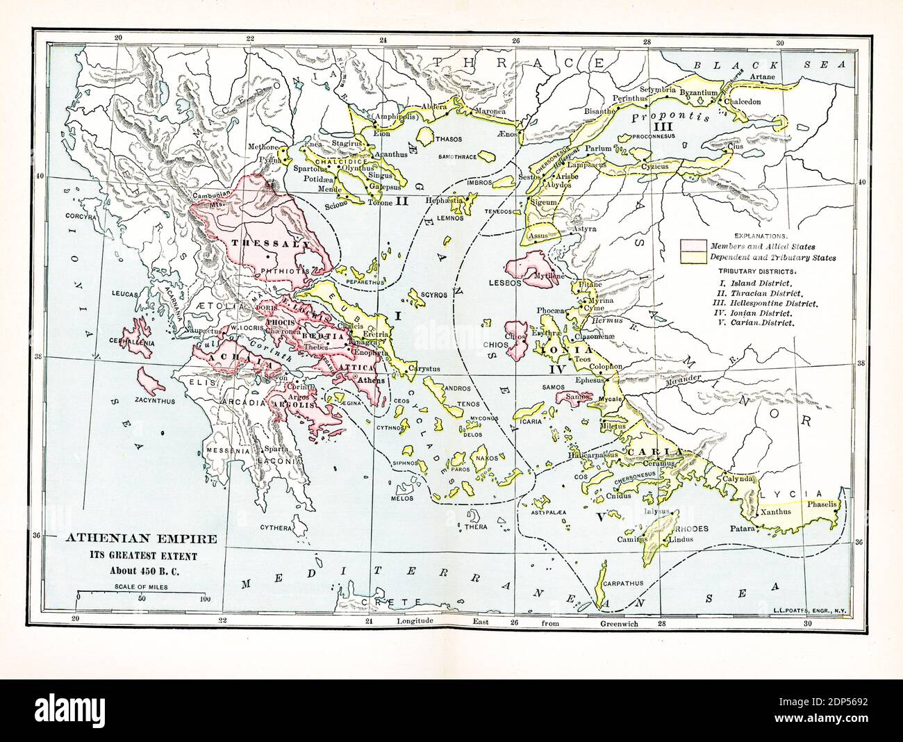 Athener Reich seine größte Ausdehnung. Etwa 450 v. Chr.. Erklärungen: Rosa: Mitglieder und alliierte Staaten; Gelb: Abhängige und Nebenflüsse; Nebenflüsse Distrikte: I. Island District; II. Thrakian District; III. Hellespontine Bezirk; IV Ionian District; V. Carian District Stockfoto