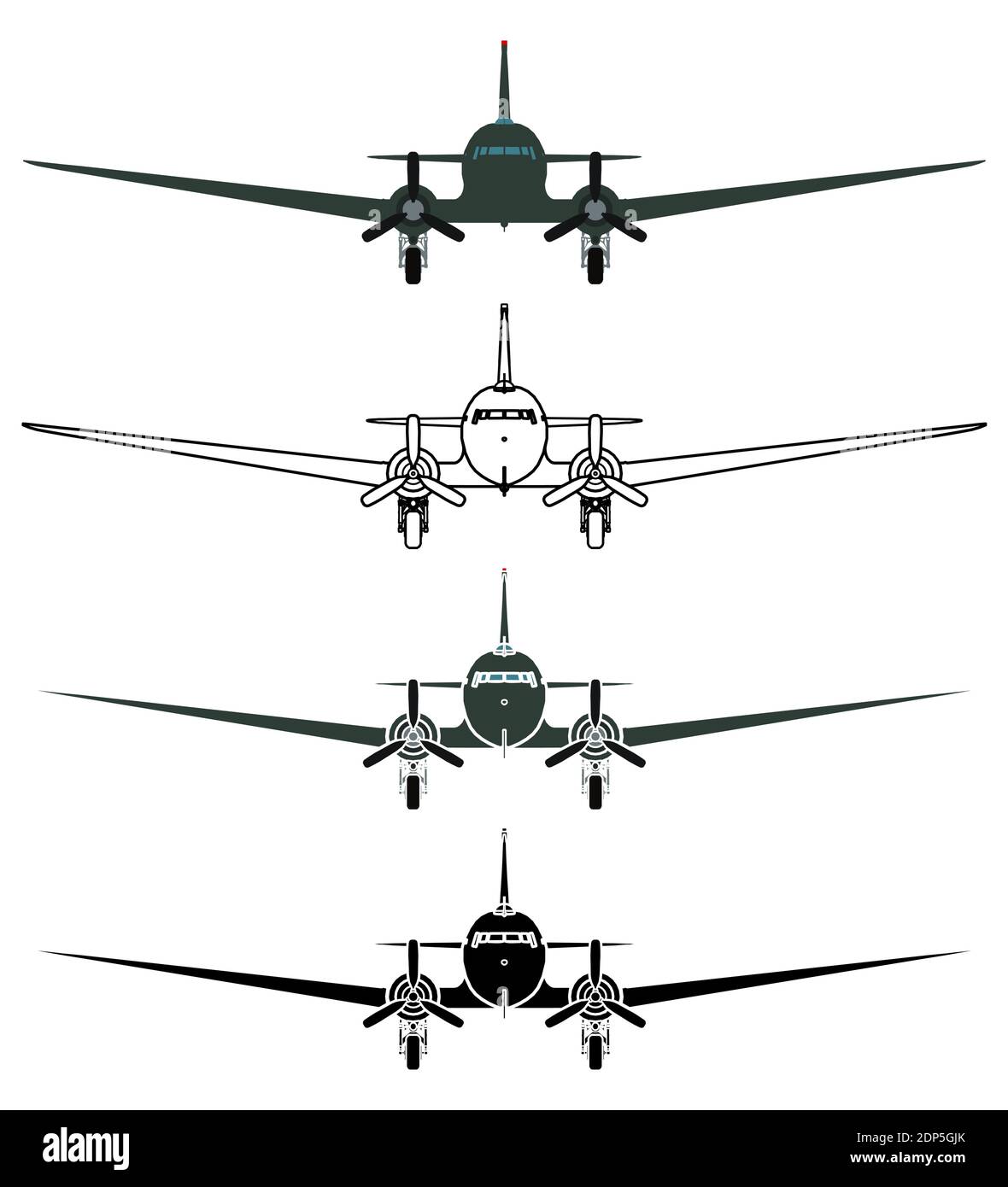 C47 Skytrain Flugzeug, Vorderansicht. Stock Vektor