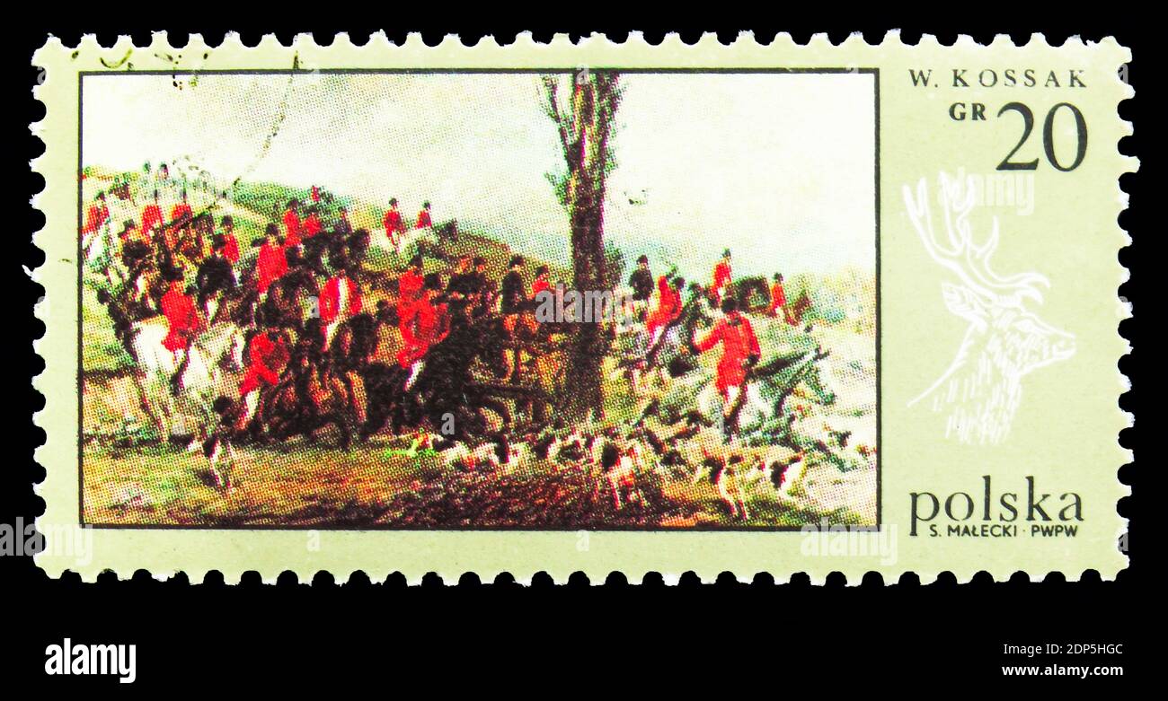 MOSKAU, RUSSLAND - 15. SEPTEMBER 2018: Eine in Polen gedruckte Briefmarke zeigt Abfahrt zur Jagd, von Wojciech Kossak, Serie Hunt Paintings, um 1968 Stockfoto